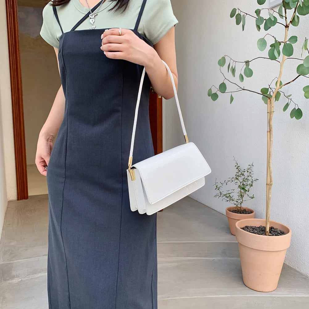 Women Patent PU Leather Solid Shoulder Underarm Bags Casual Small Flap Handbags