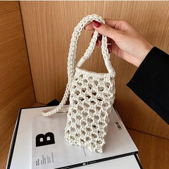 Women Small Crossbody Phone Bag Solid Hollow-out Woven Crochet Braided Shoulder