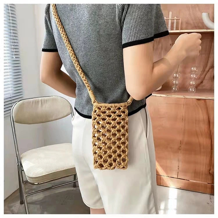 Women Small Crossbody Phone Bag Solid Hollow-out Woven Crochet Braided Shoulder