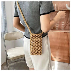 Women Small Crossbody Phone Bag Solid Hollow-out Woven Crochet Braided Shoulder