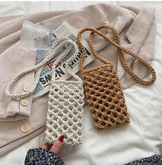 Women Small Crossbody Phone Bag Solid Hollow-out Woven Crochet Braided Shoulder