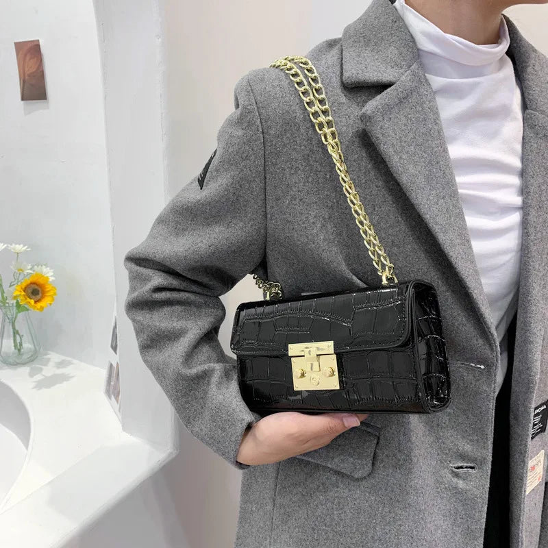 Women Small Square Bag Lock Chain Messenger Crossbody Bag