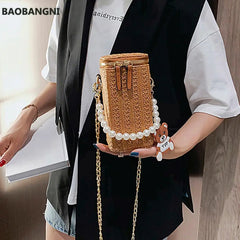 Women Summer Beach Cyclinder Bag Pearls Chain Crossbody Straw Woven Shoulder Bag