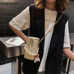 Women Summer Beach Cyclinder Bag Pearls Chain Crossbody Straw Woven Shoulder Bag