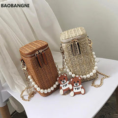 Women Summer Beach Cyclinder Bag Pearls Chain Crossbody Straw Woven Shoulder Bag