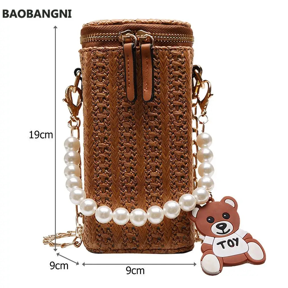 Women Summer Beach Cyclinder Bag Pearls Chain Crossbody Straw Woven Shoulder Bag