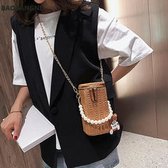 Women Summer Beach Cyclinder Bag Pearls Chain Crossbody Straw Woven Shoulder Bag
