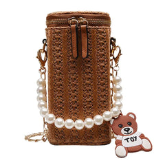 Women Summer Beach Cyclinder Bag Pearls Chain Crossbody Straw Woven Shoulder Bag