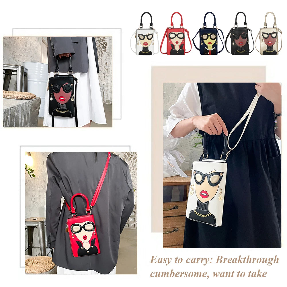 Novelty Lady Face Crossbody Shoulder Bag PU Leather Satchel for Women
