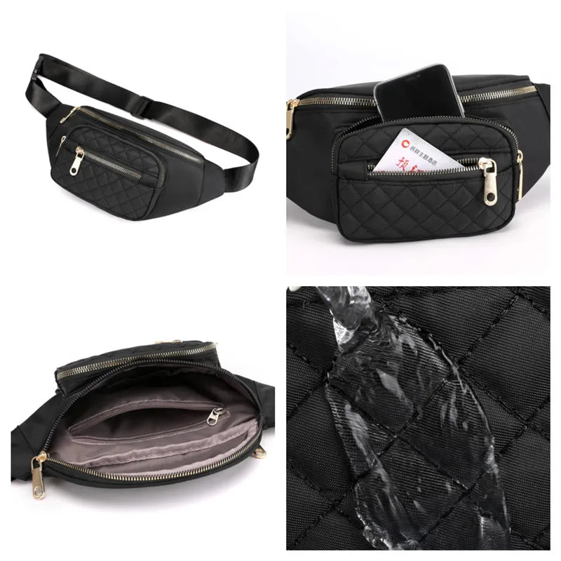 Women Nylon Sling Bag Zipper Pocket Waist Bag for Lady