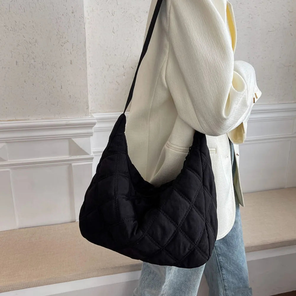 Women Nylon Cotton Padded Crossbody Bag Autumn Winter Lattice Thread