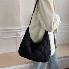 Women Nylon Cotton Padded Crossbody Bag Autumn Winter Lattice Thread