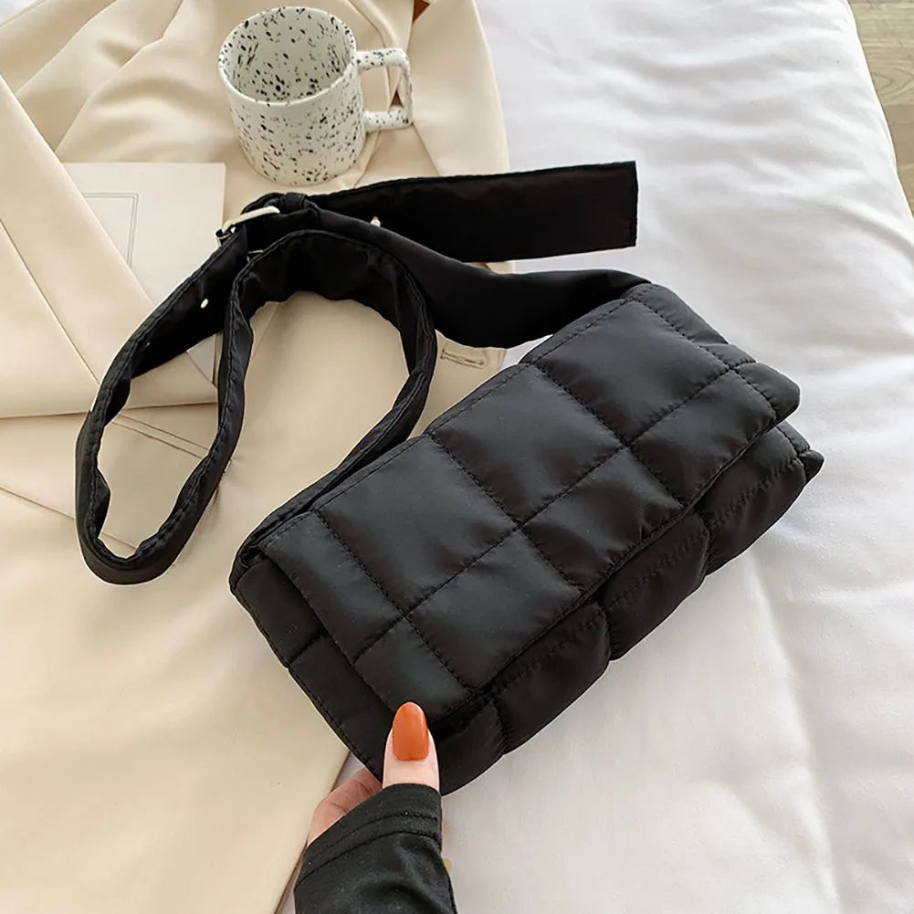Women Nylon Cotton Padded Vertical Square Shoulder Bag Retro Bag Padded Handbag