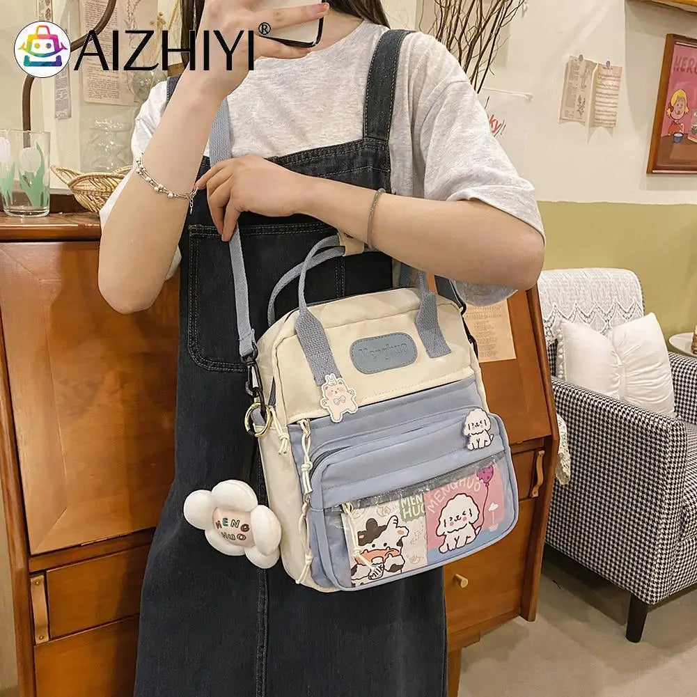 Women Nylon PVC Durable Backpack Lady Preppy Casual Zipper Contrast Shoulder Bag