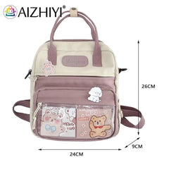 Women Nylon PVC Durable Backpack Lady Preppy Casual Zipper Contrast Shoulder Bag