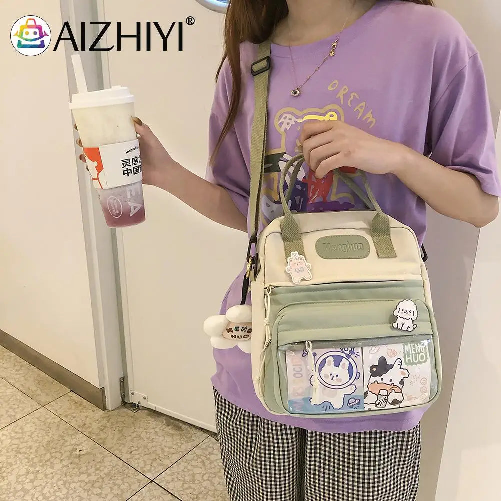 Women Nylon PVC Durable Backpack Lady Preppy Casual Zipper Contrast Shoulder Bag