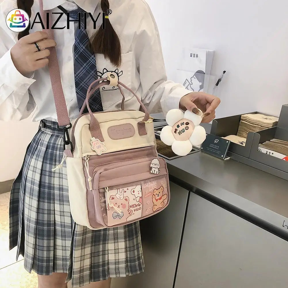Women Nylon PVC Durable Backpack Lady Preppy Casual Zipper Contrast Shoulder Bag