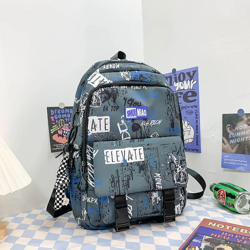 Women Nylon Zipper Graffiti Schoolbag Preppy Style Large Capacity Rucksacks