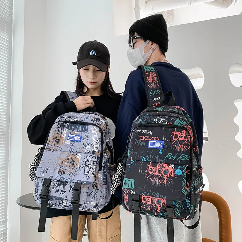 Women Nylon Zipper Graffiti Schoolbag Preppy Style Large Capacity Rucksacks