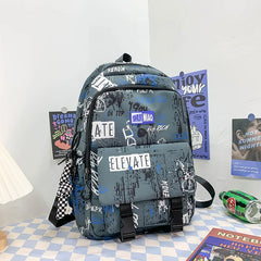 Women Nylon Zipper Graffiti Schoolbag Preppy Style Large Capacity Rucksacks