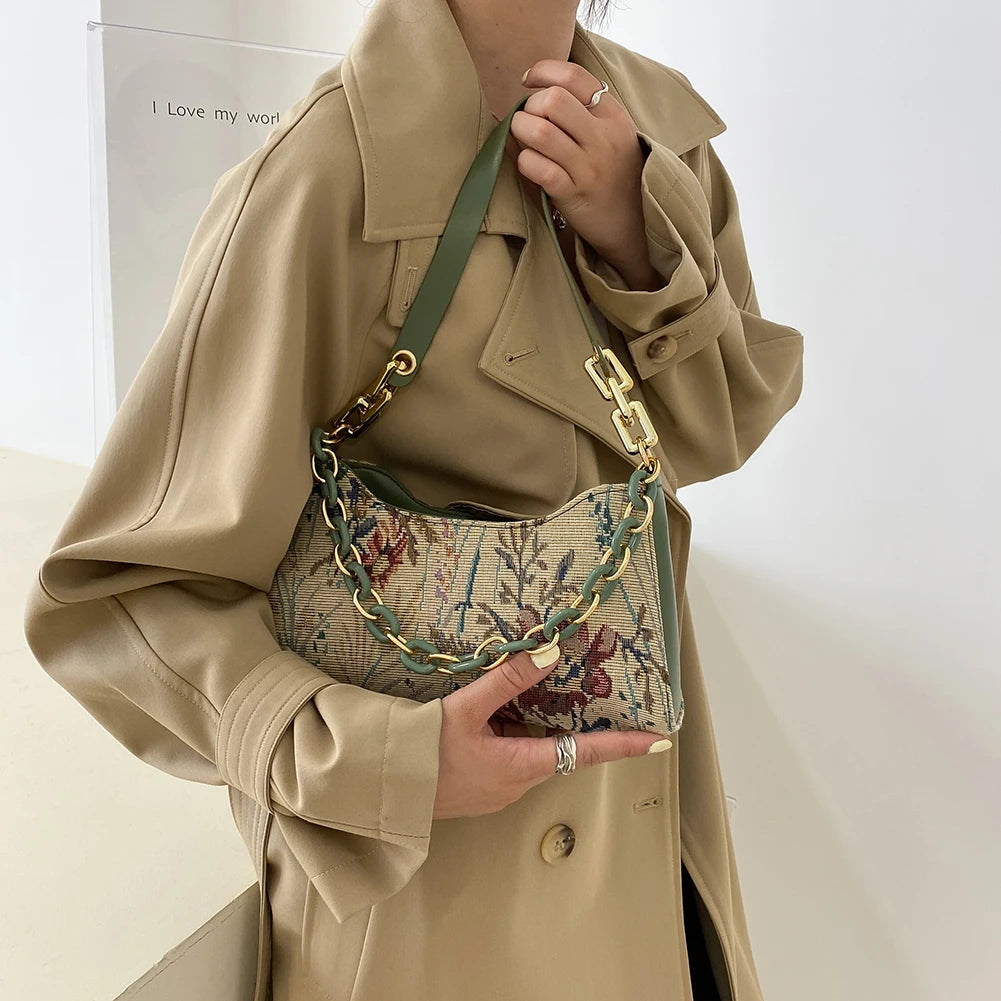 Women Oil Painting Printed Shoulder Bag Leisure Female Street Underarm Bag