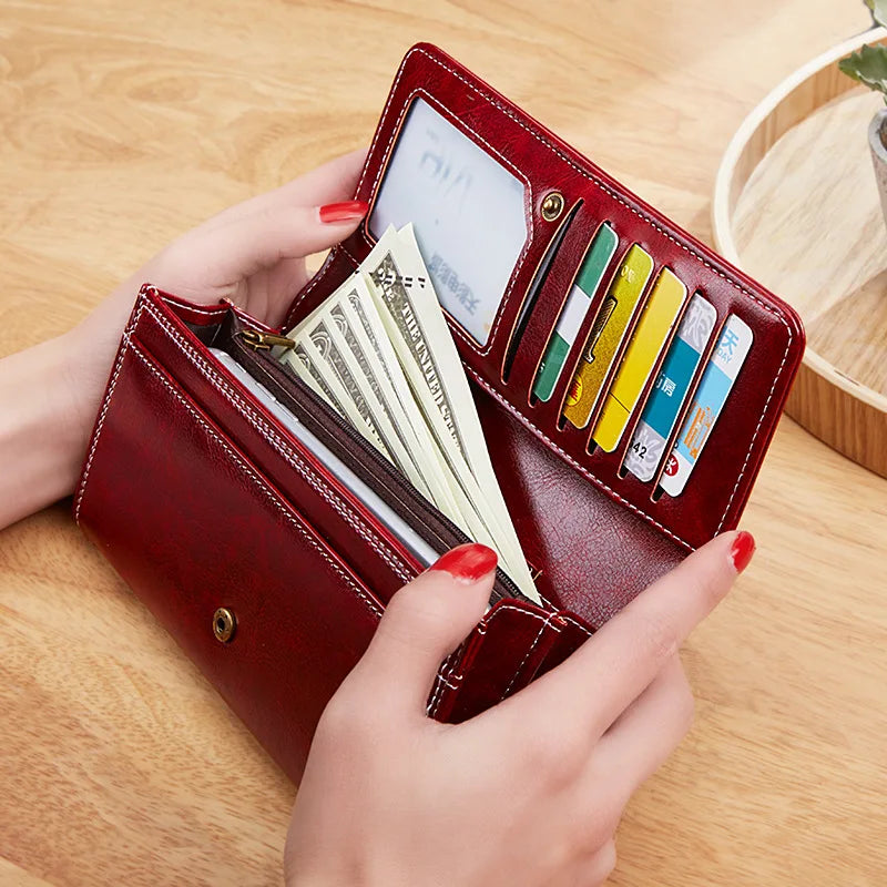 Women Oil Wax Vintage PU Leather Wallet Ladies Phone Pocket Purse Clutch
