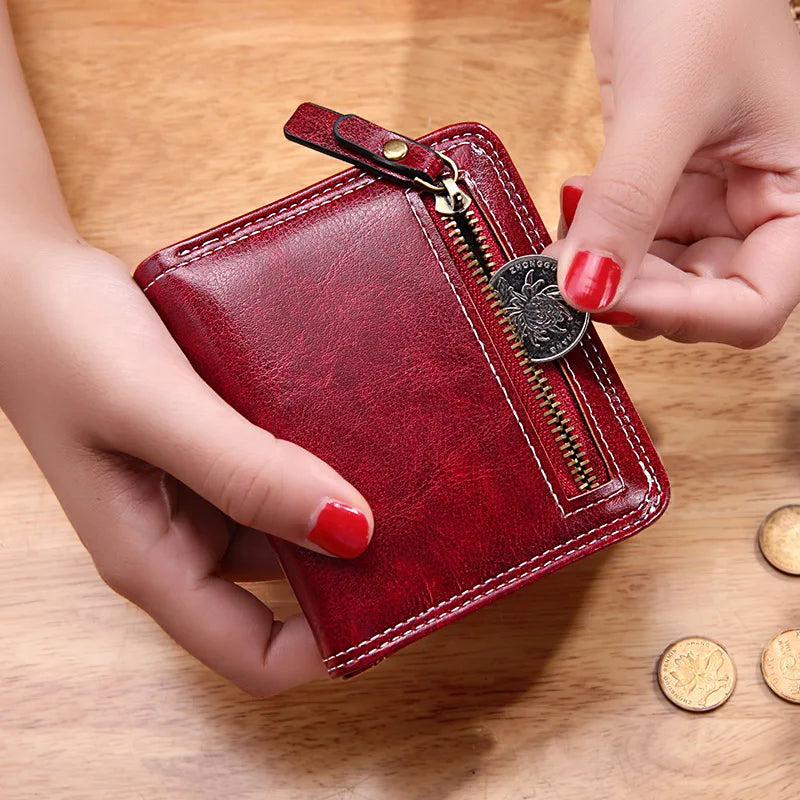 Women Oil Wax Vintage Short Wallet PU Leather Purse Clutch Cardholder Coin Purse