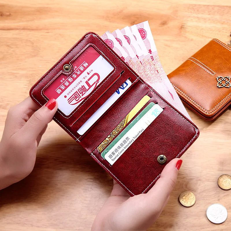 Women Oil Wax Vintage Short Wallet PU Leather Purse Clutch Cardholder Coin Purse
