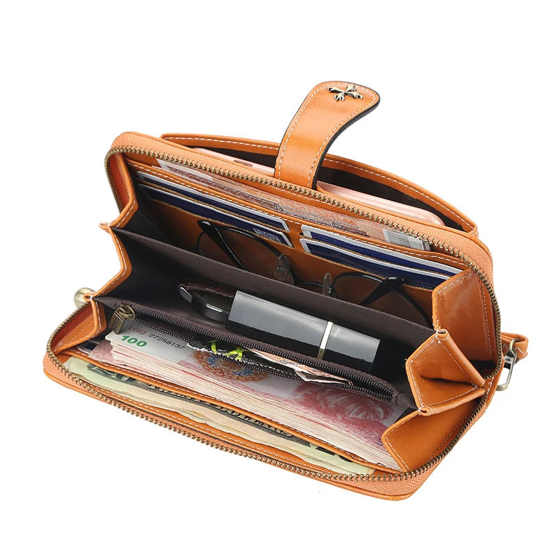 Women Oil wax Leather Tassel Wallet Long Phone Purses Card Capacity Clutch