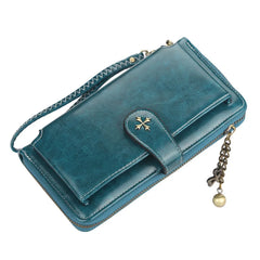Women Oil wax Leather Tassel Wallet Long Phone Purses Card Capacity Clutch