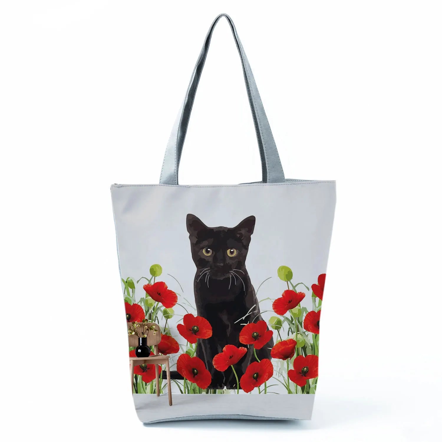 Women Outdoor Floral Cat Printed Tote Bag High Capacity Shopping Bag Red