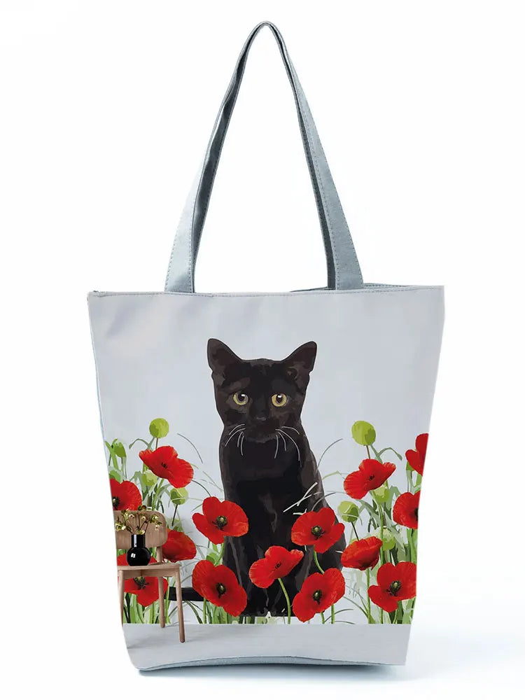 Women Outdoor Floral Cat Printed Tote Bag High Capacity Shopping Bag Red
