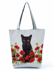 Women Outdoor Floral Cat Printed Tote Bag High Capacity Shopping Bag Red