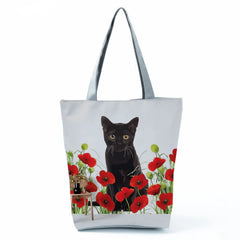 Women Outdoor Floral Cat Printed Tote Bag High Capacity Shopping Bag Red