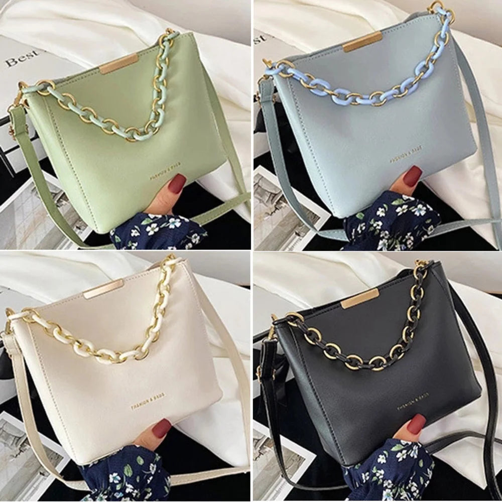 Women PU Tote Chain Crossbody Bag Ladies PU Leather Solid