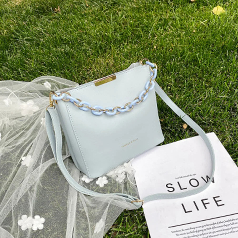 Women PU Tote Chain Crossbody Bag Ladies PU Leather Solid