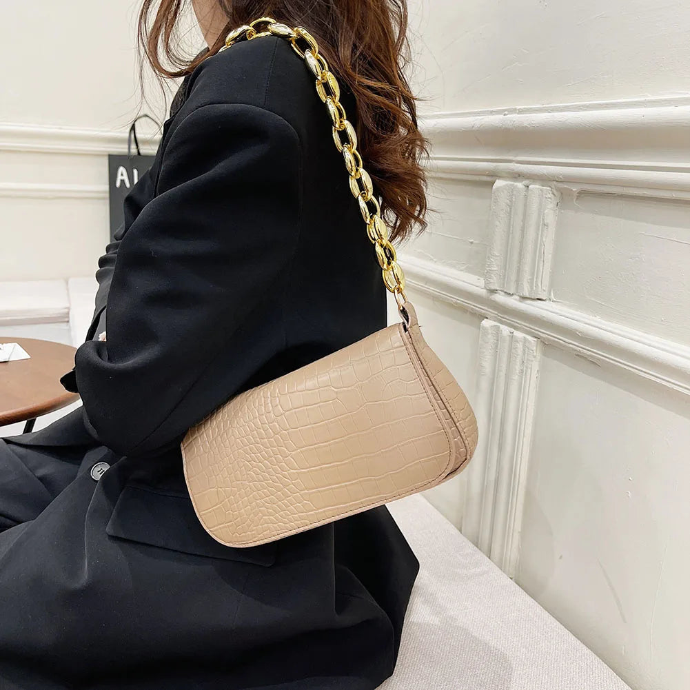 Women Crocodile Pattern Underarm Bag Chain Shoulder Business Clutch Bags