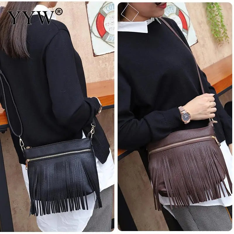 Women PU Leather Crossbody Bag with Tassel Daily Pouch