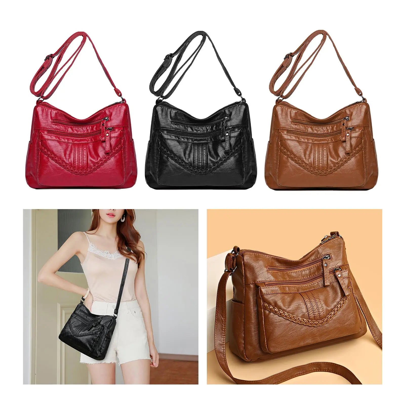 PU Leather Shoulder Bag Large Capacity Adjustable Strap Satchel Shopping Bag