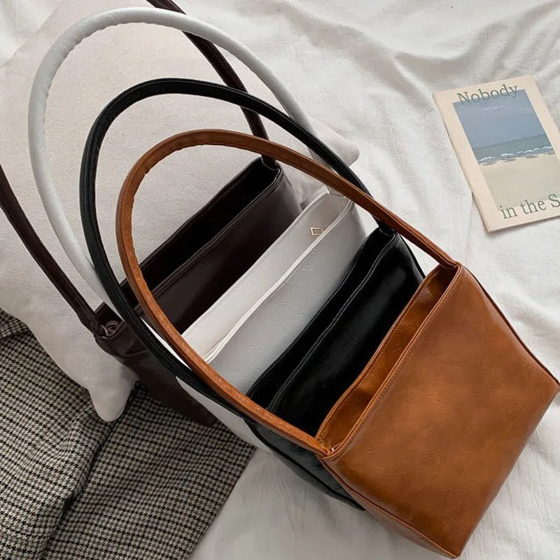 Women PU Leather Shoulder Bags Large Capacity Bucket Bag Vintage Handbags