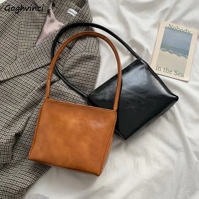 Women PU Leather Shoulder Bags Large Capacity Bucket Bag Vintage Handbags