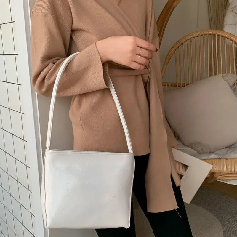 Women PU Leather Shoulder Bags Large Capacity Bucket Bag Vintage Handbags