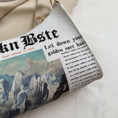 Women PU Leather Shoulder French Bags - Newspaper Print