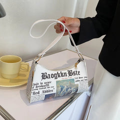 Women PU Leather Shoulder French Bags - Newspaper Print