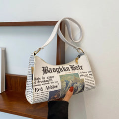Women PU Leather Shoulder French Bags - Newspaper Print