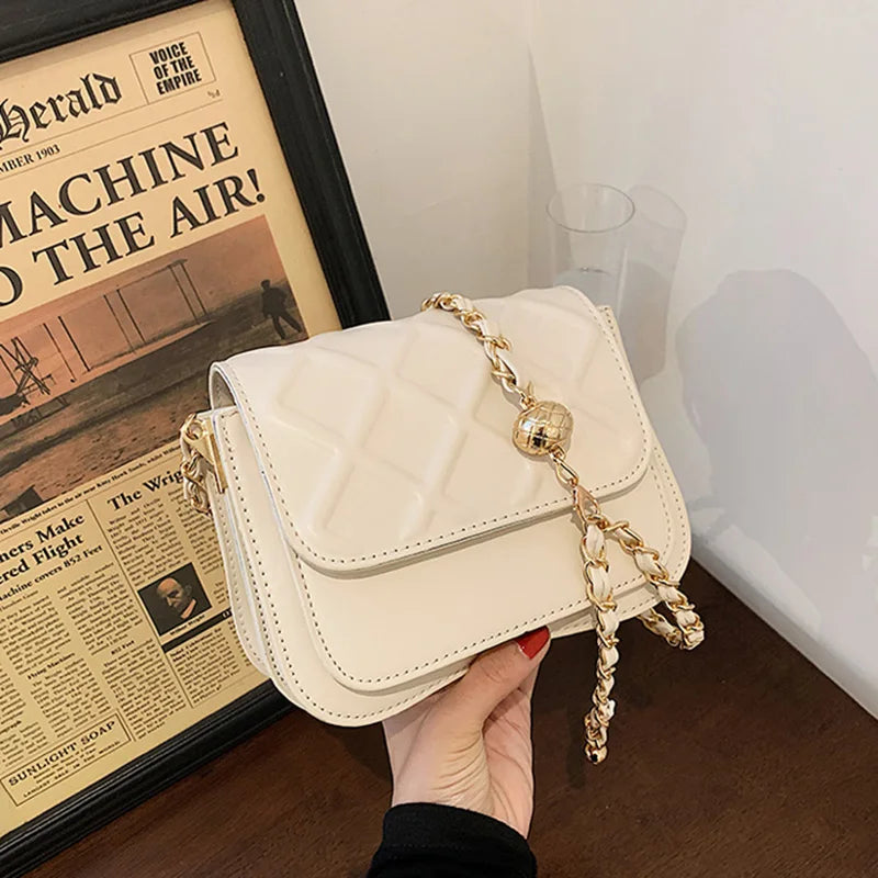 Women PU Leather Small Flap Crossbody Bag Beige Chain Messenger Purse