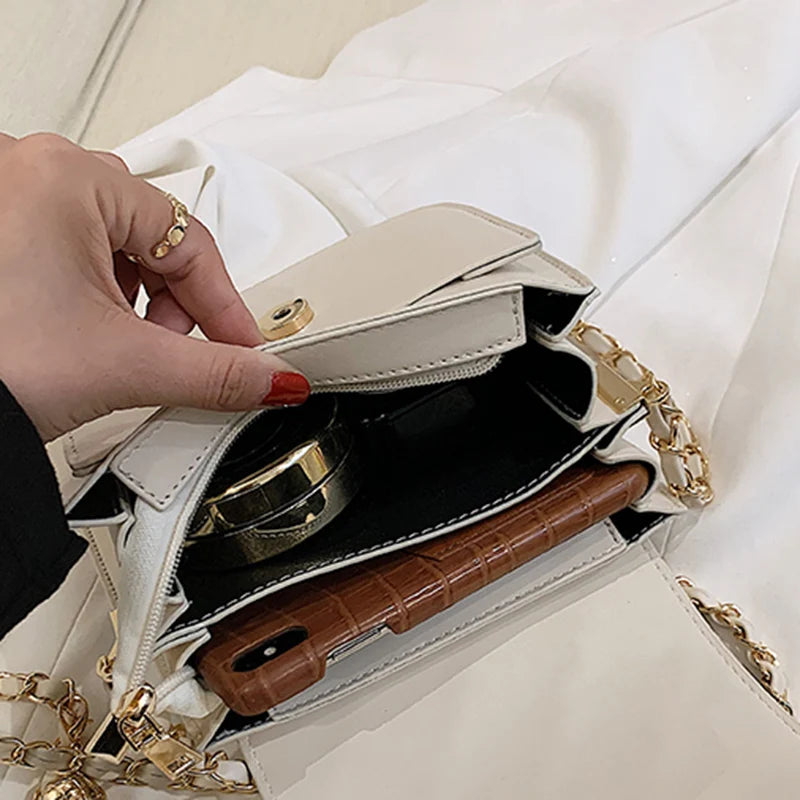 Women PU Leather Small Flap Crossbody Bag Beige Chain Messenger Purse