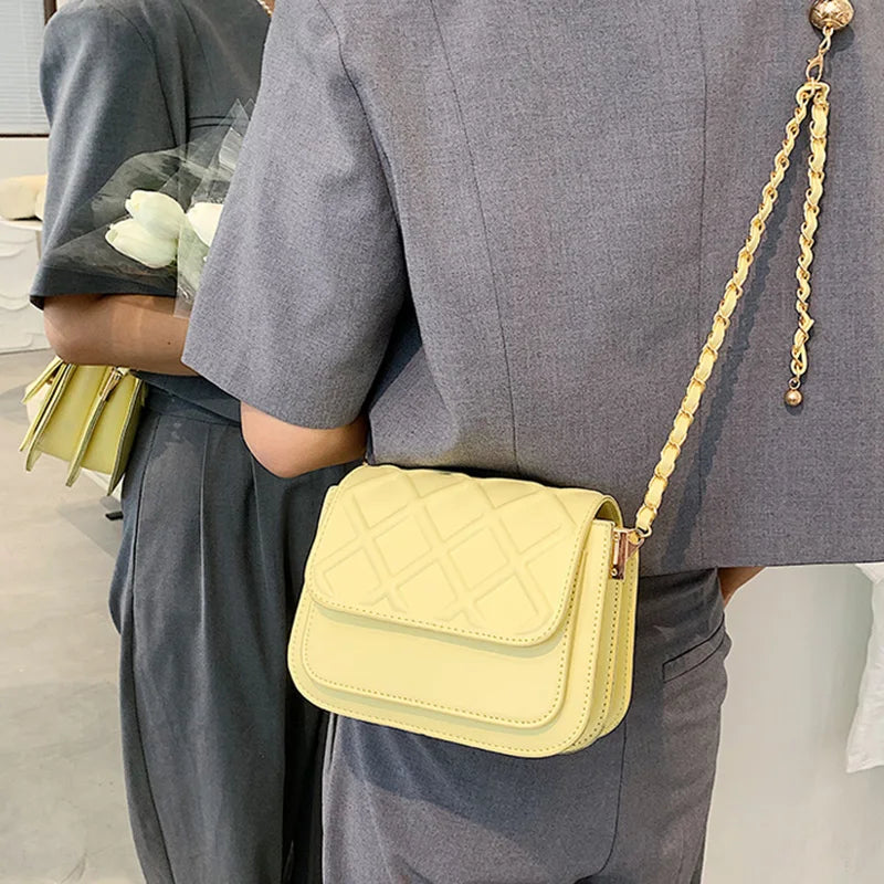 Women PU Leather Small Flap Crossbody Bag Beige Chain Messenger Purse