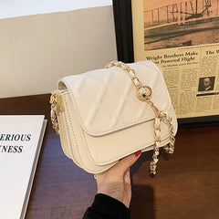 Women PU Leather Small Flap Crossbody Bag Beige Chain Messenger Purse
