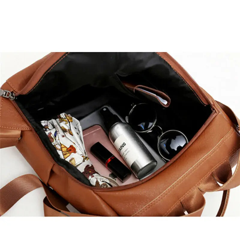 Women PU-Leather Small Travel Backpack School Girls Bags Knapsack Student Brown